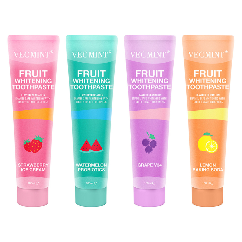Vecmint 100ml Owoce - Zestaw pasty do zębów o smaku wybielającym - 4 przepyszne smaki, szkliwa - Bezpieczne wybielające i owocowa świeżość
