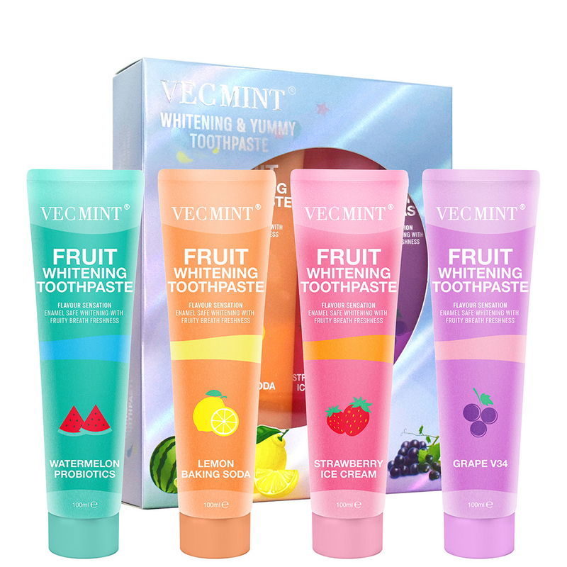 Vecmint 100ml Owoce - Zestaw pasty do zębów o smaku wybielającym - 4 przepyszne smaki, szkliwa - Bezpieczne wybielające i owocowa świeżość
